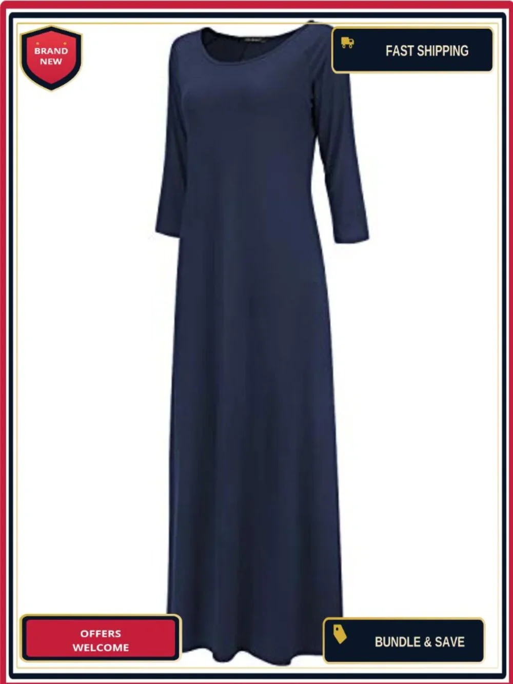 Women's 65% Polyester & 35% Cotton 3/4 Sleeve Maxi Dress with Pockets